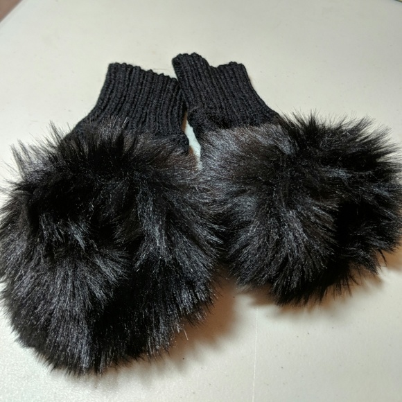 NEW Black Faux Fur Knit Mitts Fingerless Gloves - Picture 3 of 4